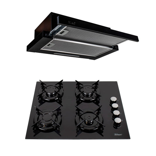 Pachet plita incorporabila (0058), gaz butelie sau gaz natural (duze de schimb incluse), 59x51 cm, aprindere electrica, sticla neagra si hota Incorporabila telescopica 2 motoare (3680), 2 x 95w / SET 30007