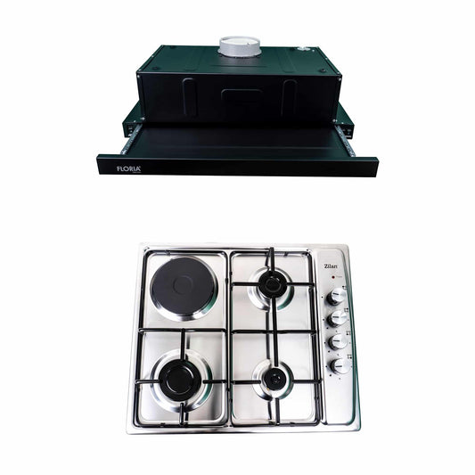 Pachet plita incorporabila inox (1918), 60x50x6 cm, gaz butelie sau gaz natural (duze de schimb incluse), hota 1 motor, putere 140W (1895), 60X50 / SET 30031