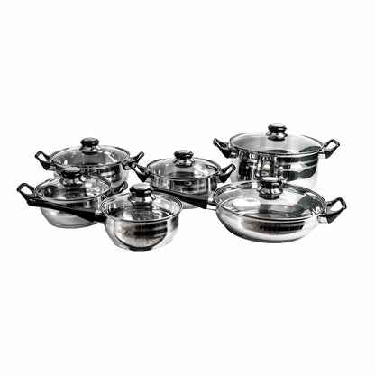 Set oale inox 12 piese, compus din 4 x oale, 1x cratita cu coada, 1x tigaie si 6x capace sticla / ZLN 4038