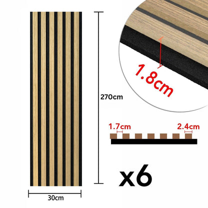 Set 6 Panouri riflaj acustic decorativ, MDF si pasla, Naimeed D7102, 270x30x1.8cm, Stejar deschis