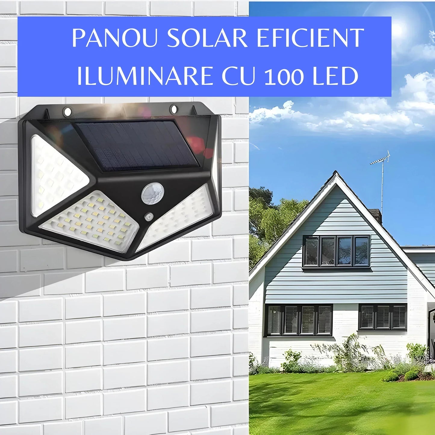 Lampa Solară Smart de Perete cu 100 LED-uri: Iluminează-ți Spatiul Exterior cu Tehnologia Smart cu Senzor de Mișcare!