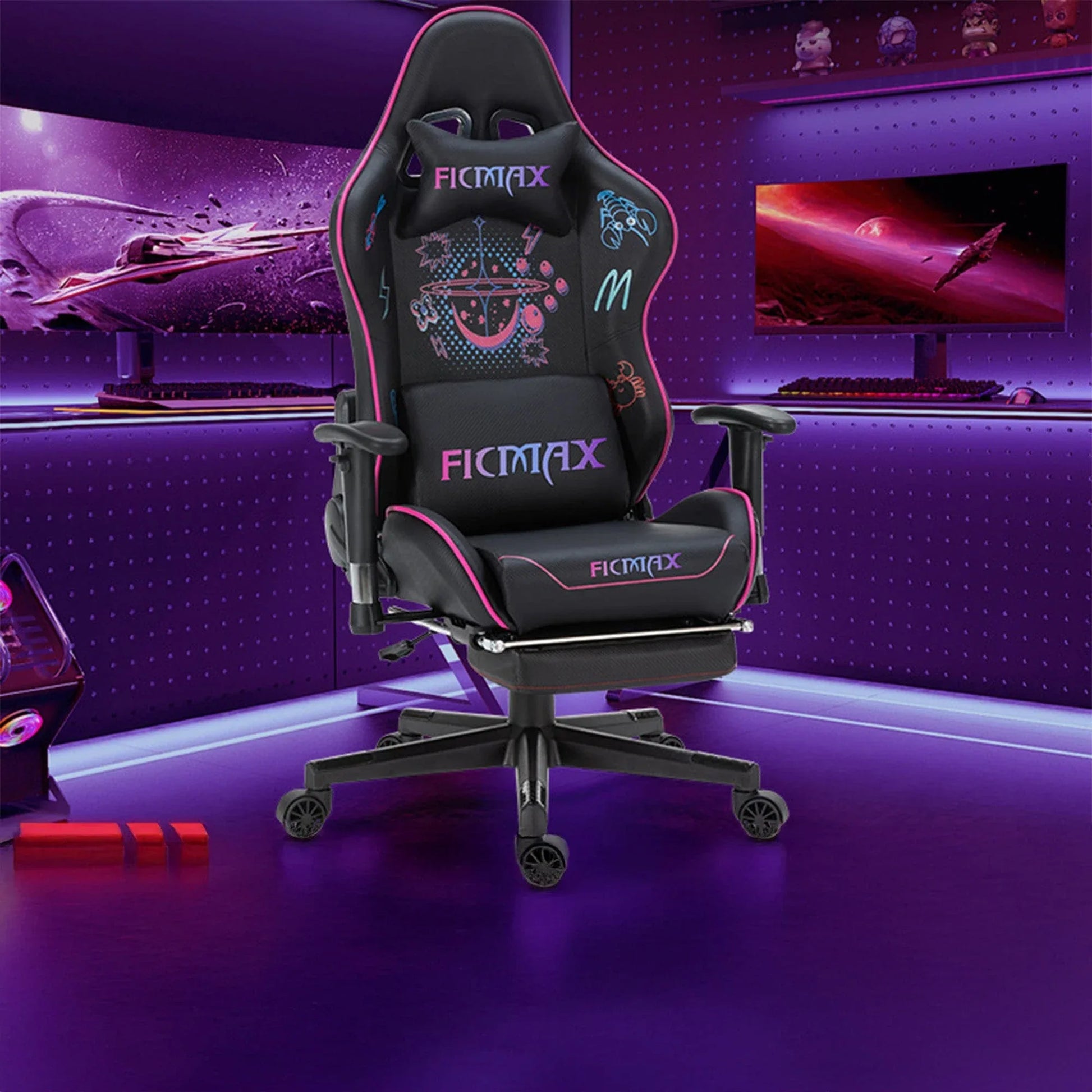 Scaun Gaming Timebox, Reglaj Spatar 160°, Suport Picioare Extensibil, Tetiera si Perna Lombara, Cadrul Metalic Rezistent, Material Premium, Ajustare 3D a Bratelor – Negru/Roz - 221.ro