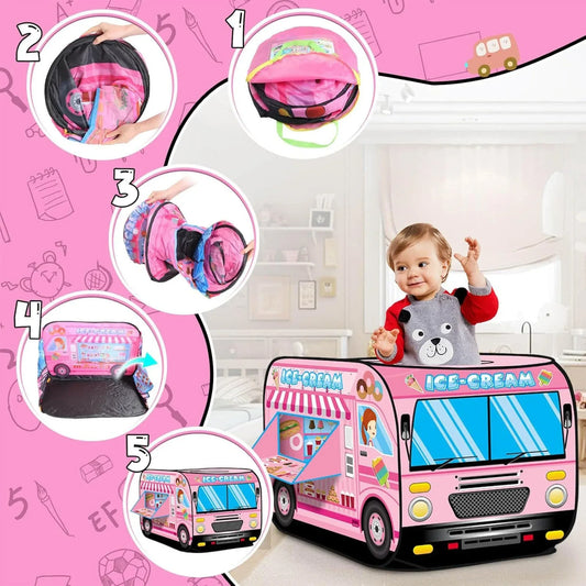 Cort de Joaca Pop-Up pentru Copii 1–5 Ani – Casuta Ice Cream cu Design Colorat, Usor de Montat, Pliabil, cu Geamuri si Usi cu Velcro, Ideal pentru Interior si Exterior, Baieti si Fete, Roz - 221.ro