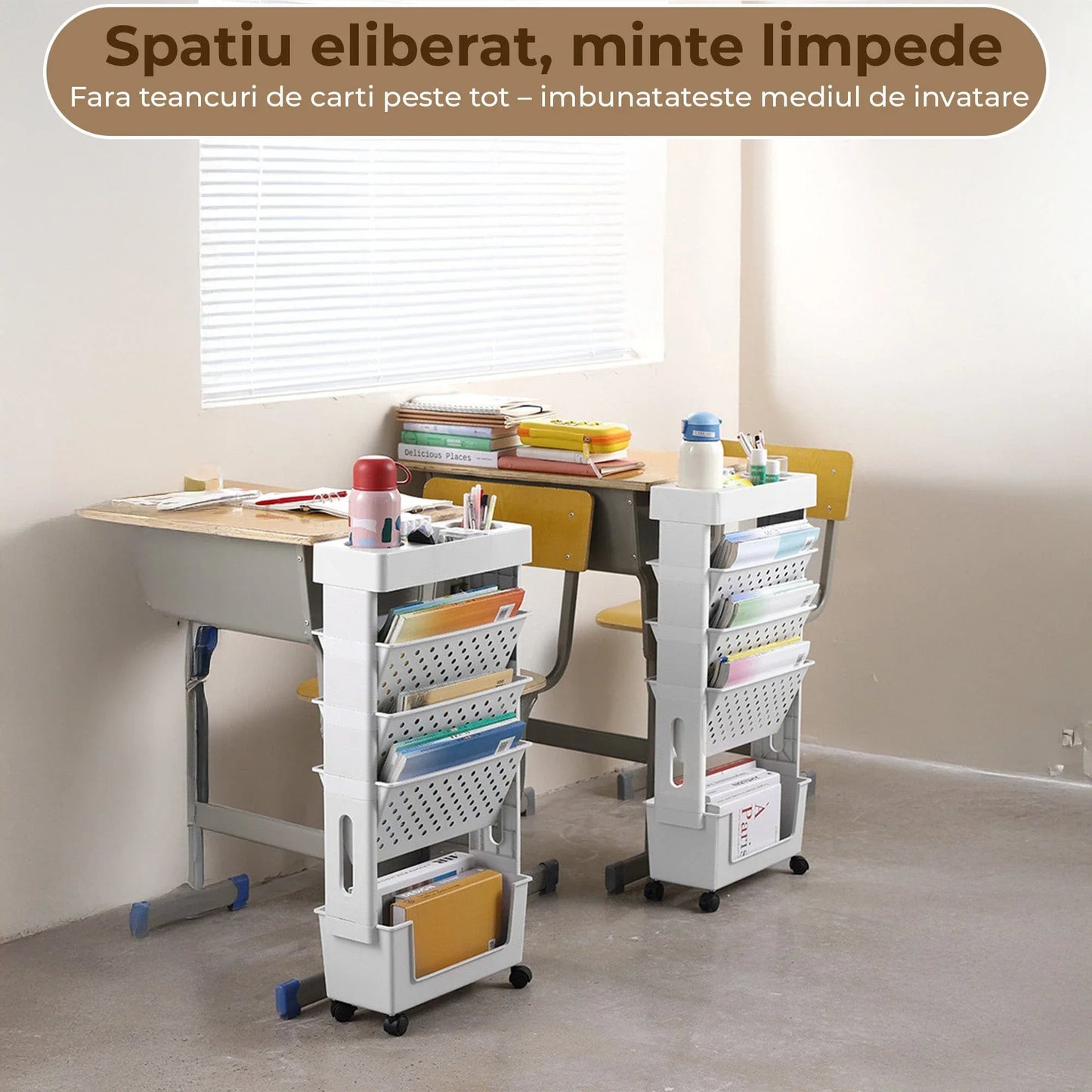 Etajera Multifunctionala cu 5 Rafturi pe Roti, Birou, Clasa sau Dormitor, Gri
