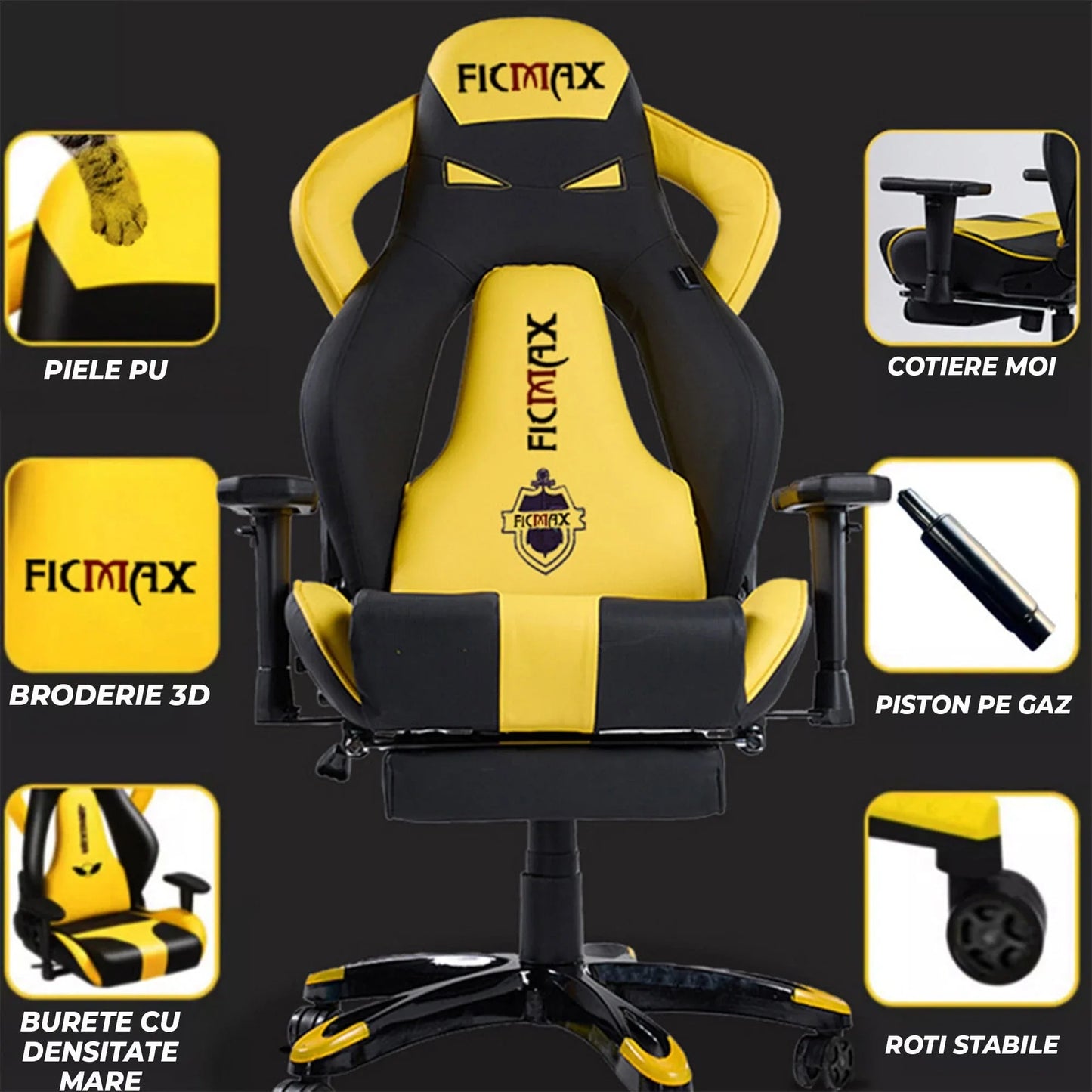 Scaun Gaming Ergonomic – Spatar Inalt, Design Sport, Rotativ 360°, Tapiterie Pet-Friendly, Cadru Metalic Rezistent Suport de Picioare, Galben - 221.ro