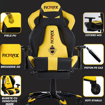 Scaun Gaming Ergonomic – Spatar Inalt, Design Sport, Rotativ 360°, Tapiterie Pet-Friendly, Cadru Metalic Rezistent Suport de Picioare, Galben - 221.ro