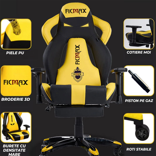 Scaun Gaming Ergonomic – Spatar Inalt, Design Sport, Rotativ 360°, Tapiterie Pet-Friendly, Cadru Metalic Rezistent Suport de Picioare, Galben - 221.ro
