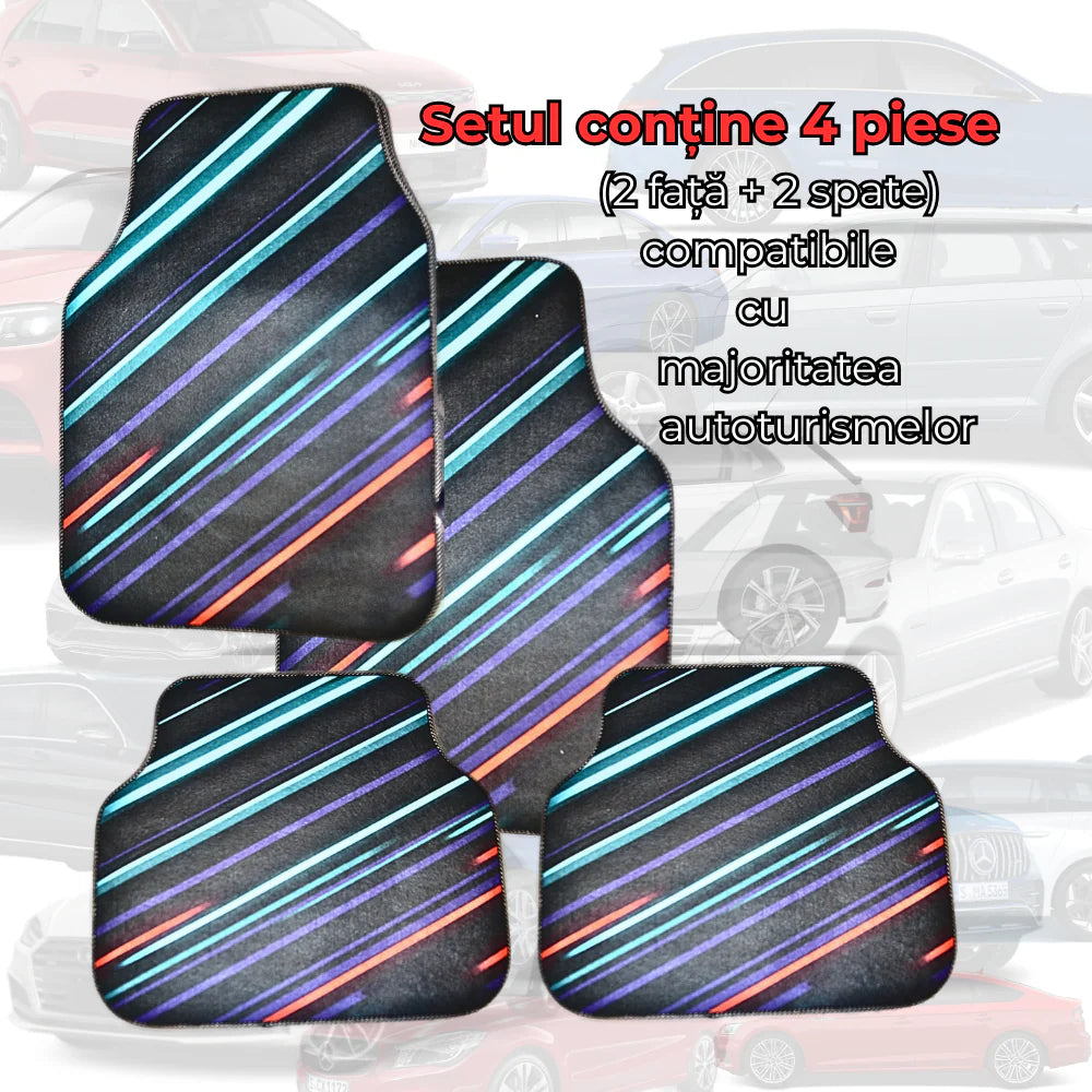 Covorașe auto universale DECOMAT – set 4 bucăți lavabile, antiderapante, cu design futurist „Neon Stripes”