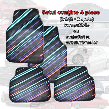 Covorașe auto universale DECOMAT – set 4 bucăți lavabile, antiderapante, cu design futurist „Neon Stripes”