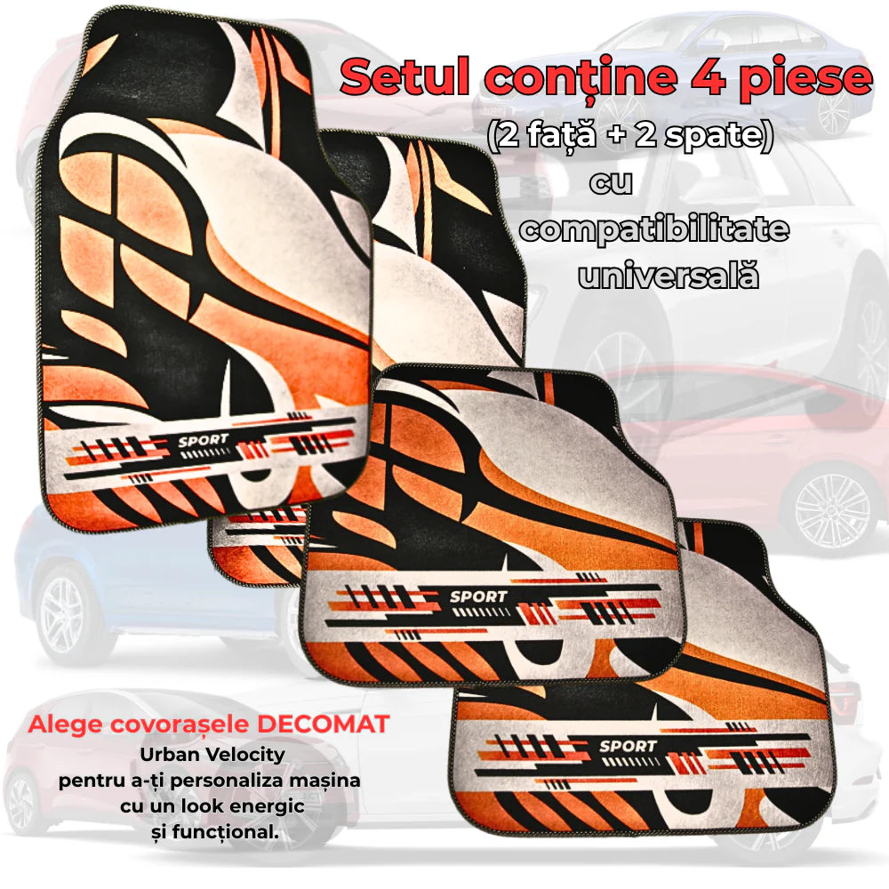 Covorașe auto universale DECOMAT – set 4 bucăți lavabile, antiderapante, cu imprimeu sport „Urban Velocity”
