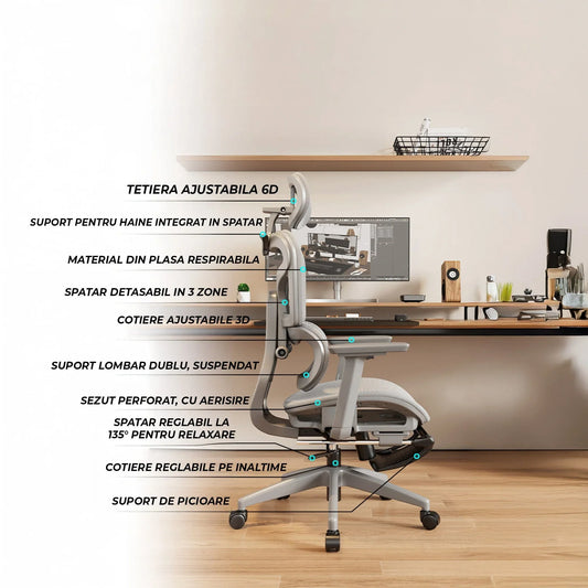 Scaun Ergonomic cu Suport Lombar – Spatar Reglabil si Reclinabil, Plasa Respirabila, Sezut Confortabil, Suport pentru Picioare, Rotativ 360°, Ideal pentru Birou, Gaming sau Studiu, Gri - 221.ro
