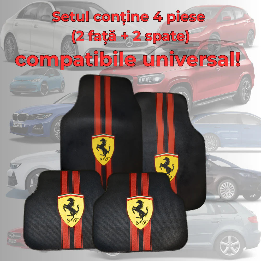 Covorașe auto universale DECOMAT – set 4 bucăți lavabile, antiderapante, cu imprimeu sport „Scuderia Style”