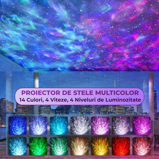 Lampa de Noapte tip Proiector Galaxie Timebox, Proiectii Stele 14 Culori pentru Dormitor, 10 Sunete Albe, Boxa Bluetooth 5,1 integrata, Timer si Telecomanda, Control Vocal, Alb