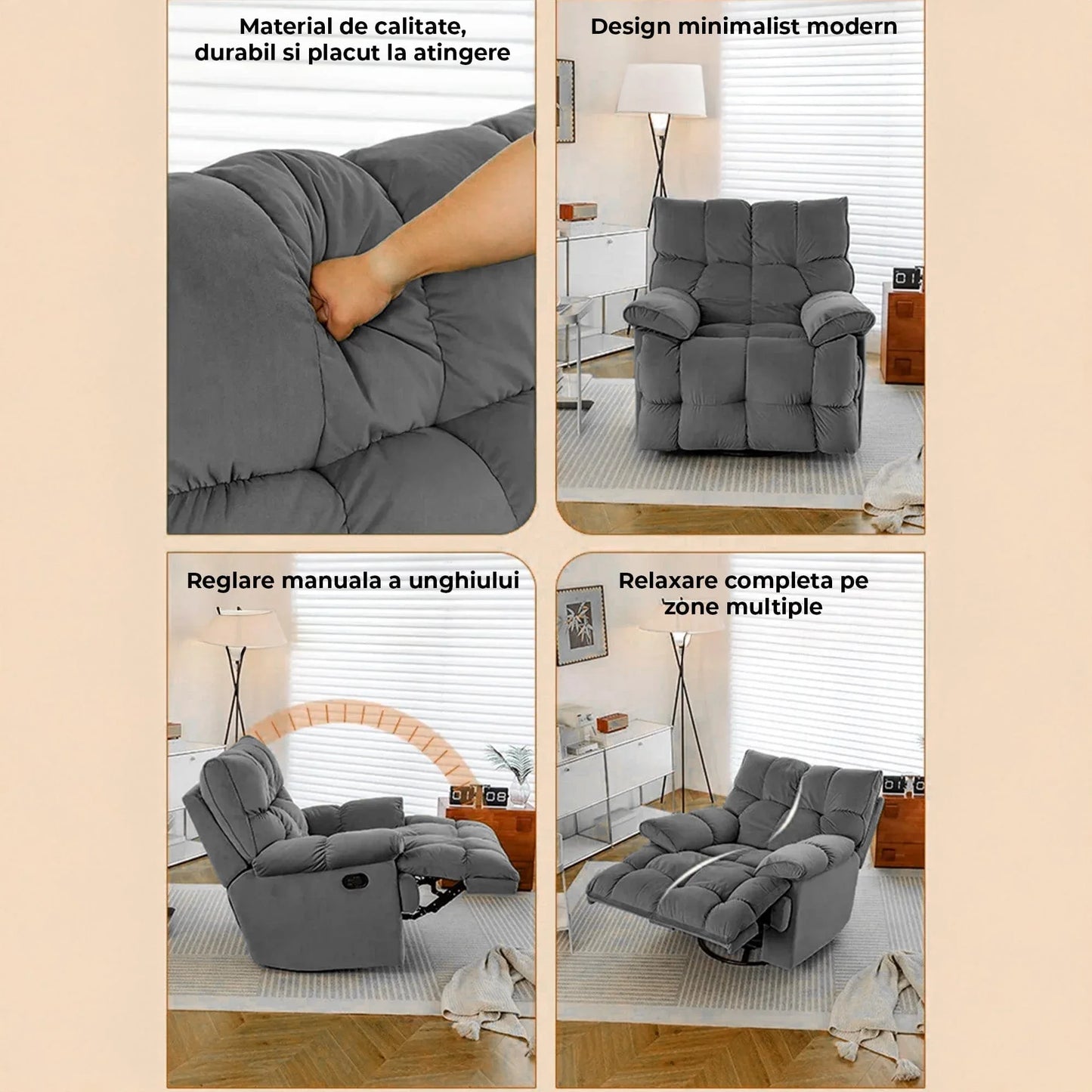 Fotoliu Recliner Modern, Inclinare in diferite Unghiuri, Gri