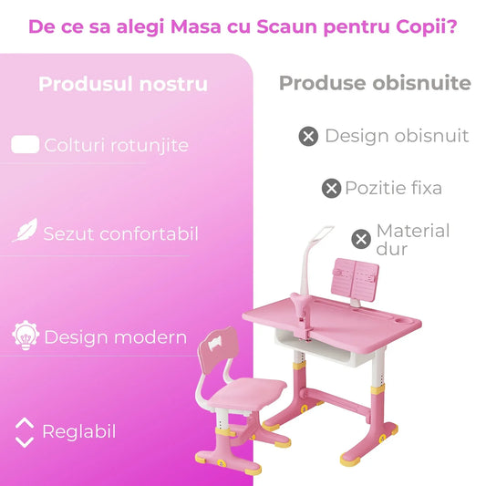 Set Birou Copii + Scaun, Reglabil 6-18 ani, Blat 70x45 cm, Inclinare ergonomica, Suport carte, Lampa LED, Sertar, Colturi rotunjite, Roz - 221.ro