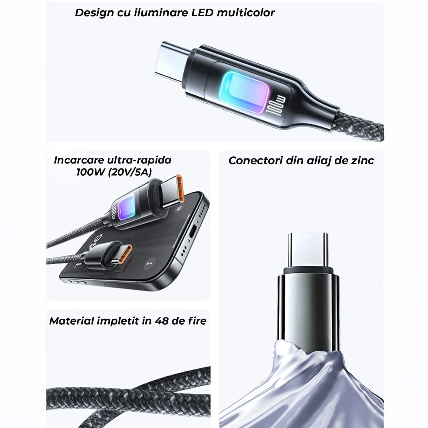 Cablu de Incarcare si Transfer de Date, Timebox, Fast Charge 100W, LED, USB-C la USB-C USB, Compatibil Macbook, iPhone, Samsung, Huawei, Xiaomi, Bej - 221.ro