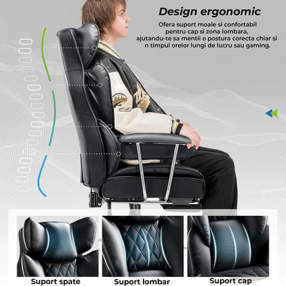 Scaun Office Timebox– Scaun Ergonomic Executiv din Piele cu Spatar Inalt, Suport Lombar cu Arcuri, Reclinabil 135°, Suport pentru Picioare si Cotiere Fixe, Confortabil, Cadru Metalic, Sustine Pana la 136 kg, Negru - 221.ro