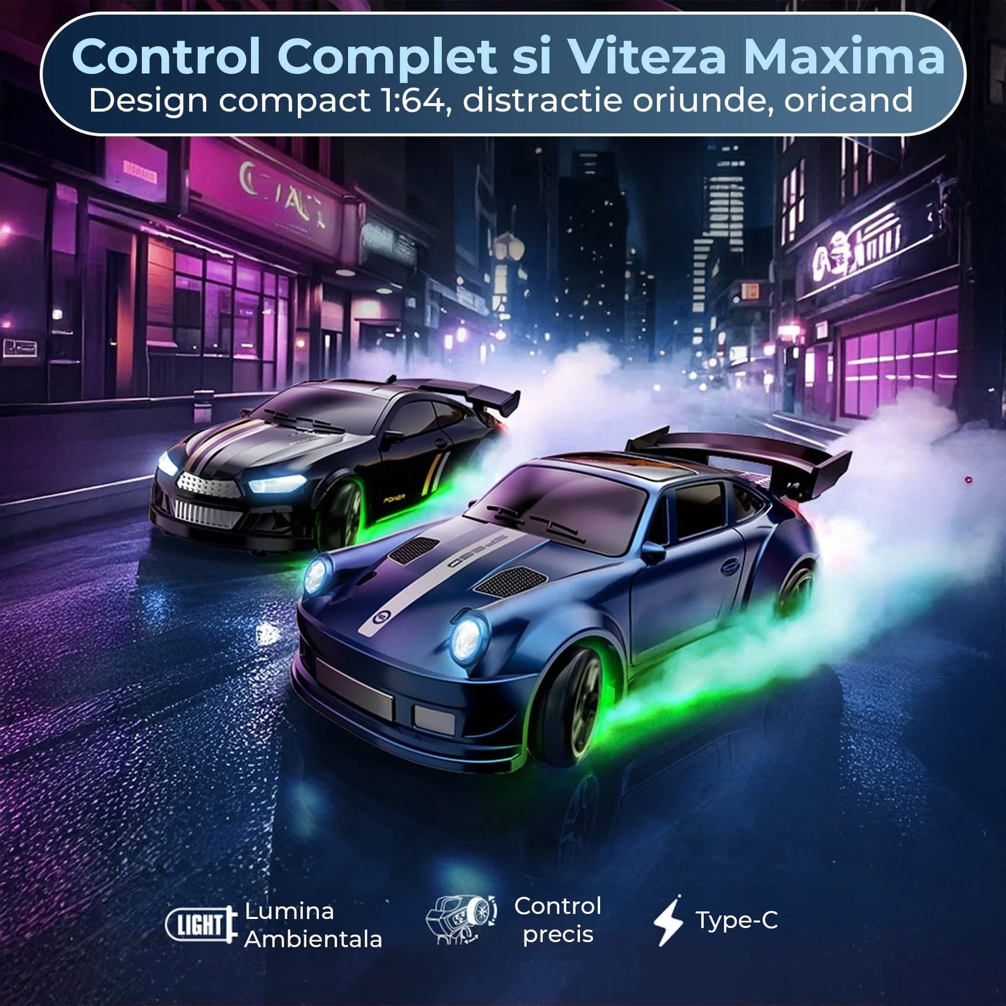 Masina cu telecomanda RC, 1:64 drift car, 4x4 full proportional, Lumini LED, Viteza si drift pe masa, Incarcare USB, Telecomanda 2,4G, Copii 7-14 ani, Albastru inchis - 221.ro