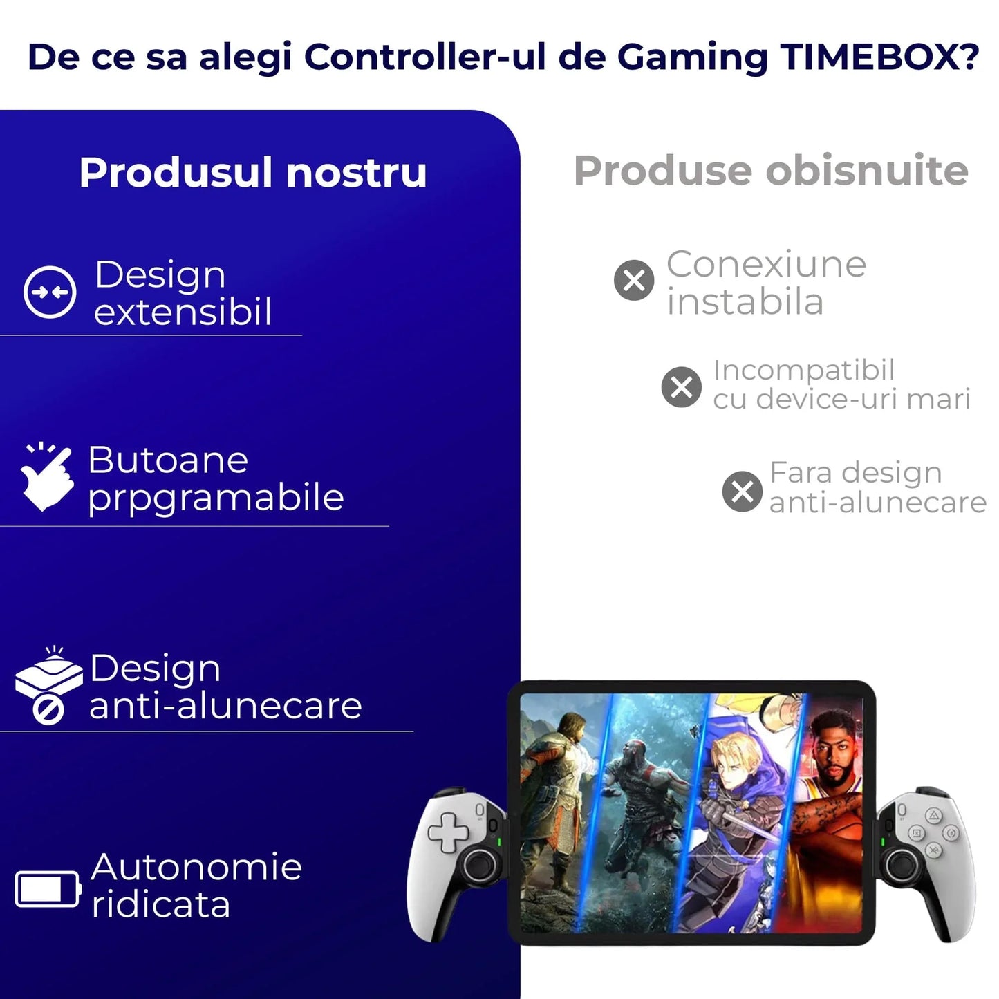 Controller Gaming Wireless Timebox, Hall Joystick, Bluetooth, Alb