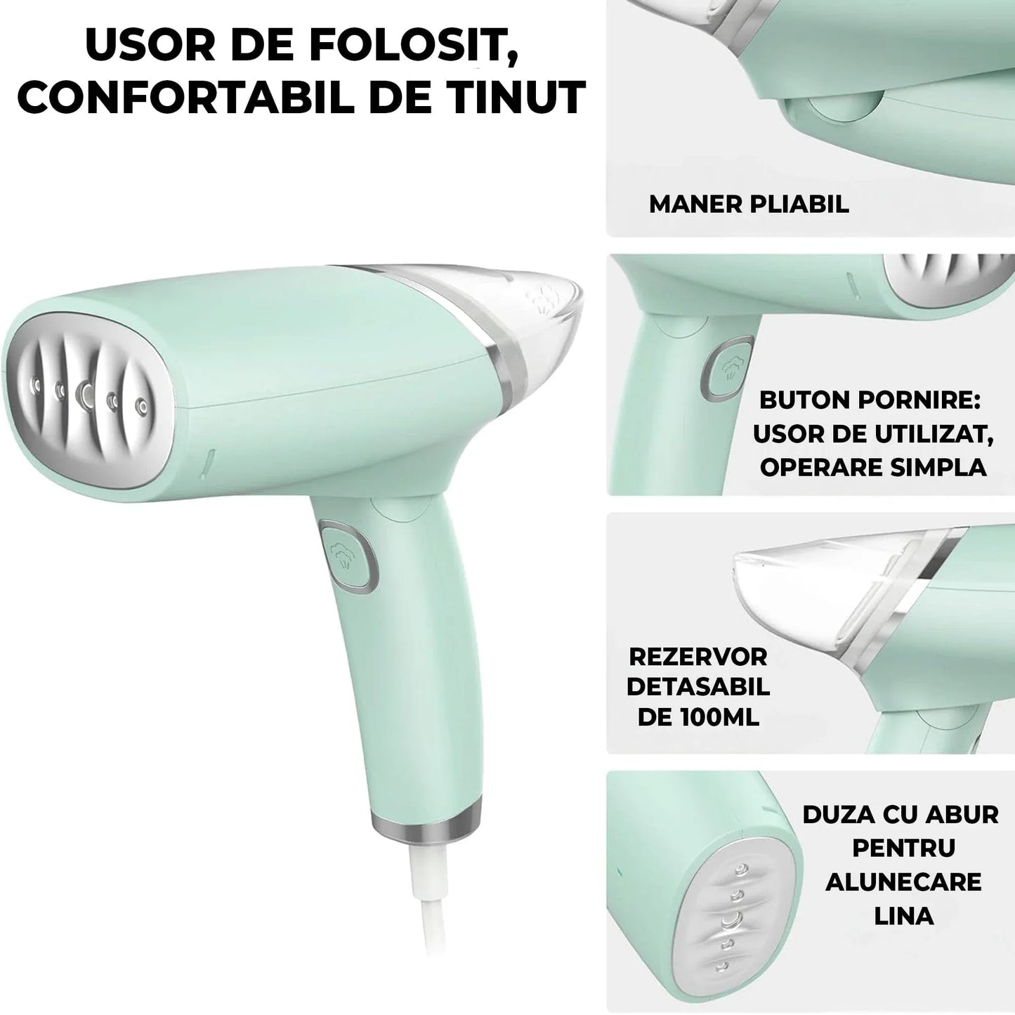 Steamer de Haine Portabil, 1000W, Compact si Pliabil, Verde