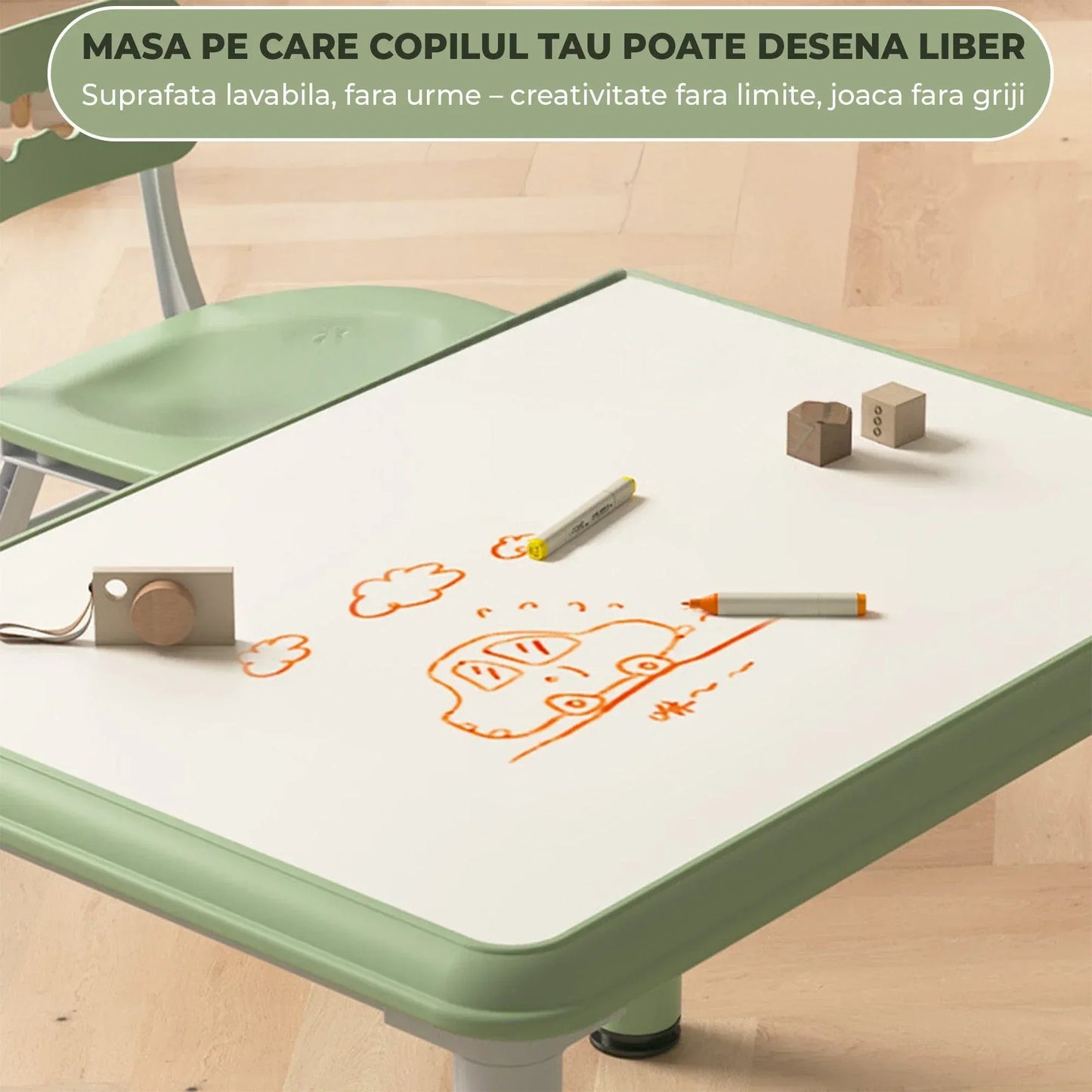 Set Masa si 2 Scaune Reglabile pentru Copii – Masa Multifunctionala 80x60cm cu Colturi Rotunjite, Ideala pentru Joaca, Desen si Invatare, Structura Solida si Inaltime Ajustabila, Potrivita pentru Gradinite si Acasa, Verde - 221.ro