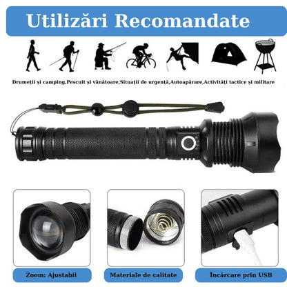 Lanternă Tactică LED XHP70 – 10.000 Lumeni, Zoom, 3 Moduri, USB Reîncărcabilă, Rezistență la Temperatură Scăzută, IPX5