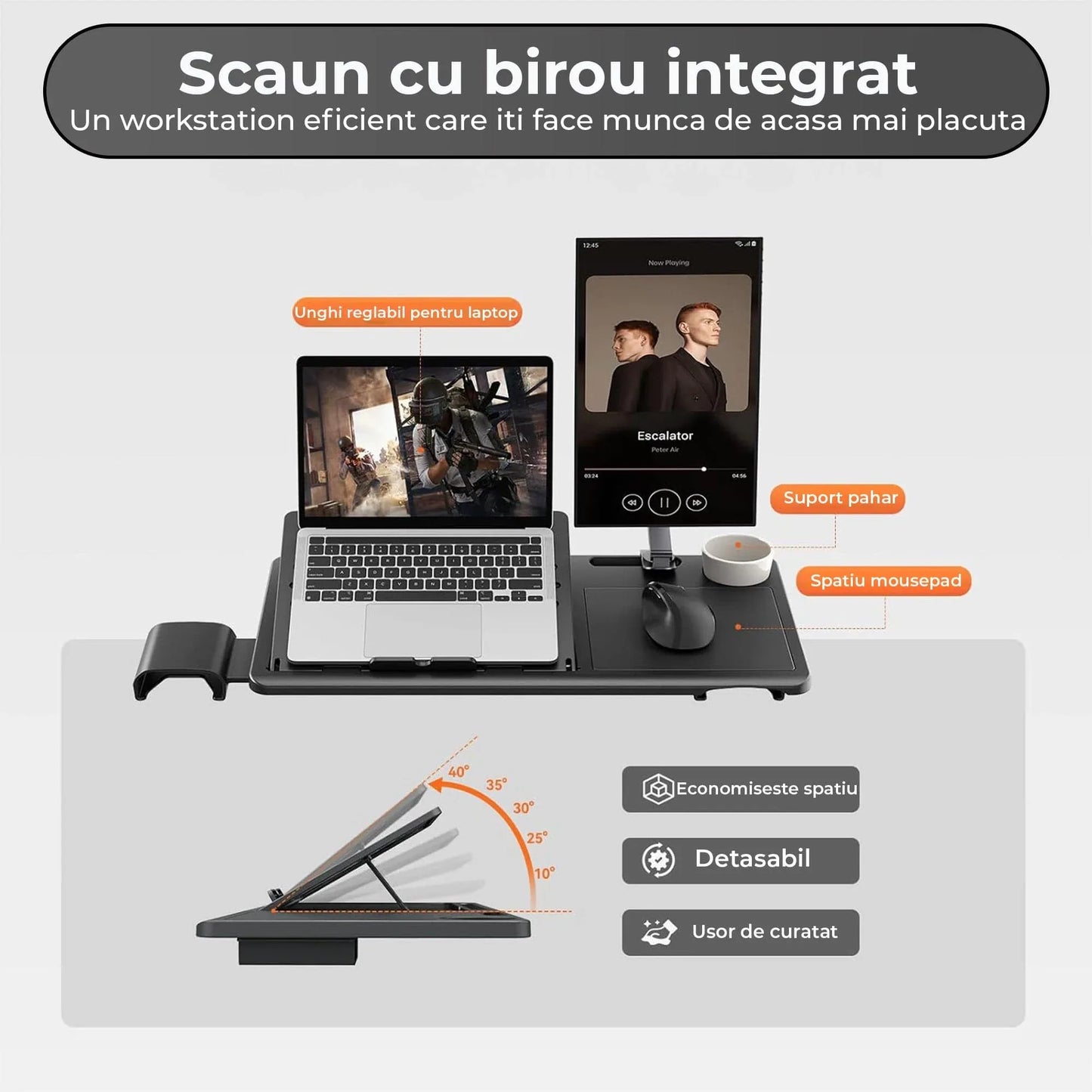 Scaun ergonomic birou 2 in 1, Cu suport picioare, Spatar inclinabil, Tetiera auto-follow, Cotiere 4D, Reglaj inaltime si adancime, Tavita laptop detasabila, Suport pahar, Plasa Mesh, Negru - 221.ro