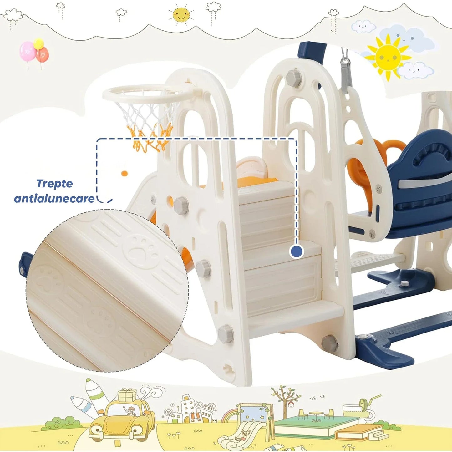 Set de Joaca 3 in 1 pentru Copii, Tobogan, Leagan si Cos de Baschet, Galben