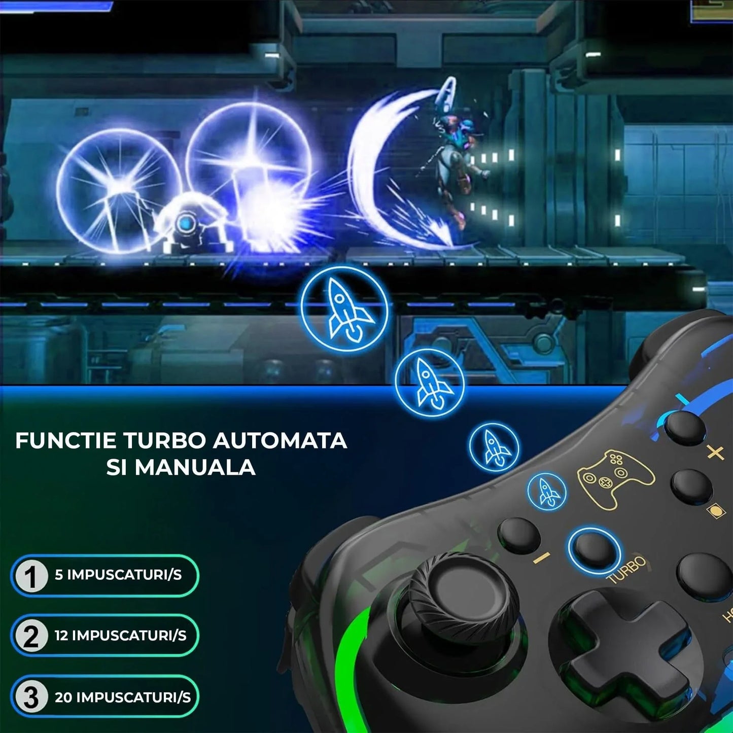 Gamepad Wireless Timebox, PC si Telefon, Ergonomic, Vibratii, Transparent