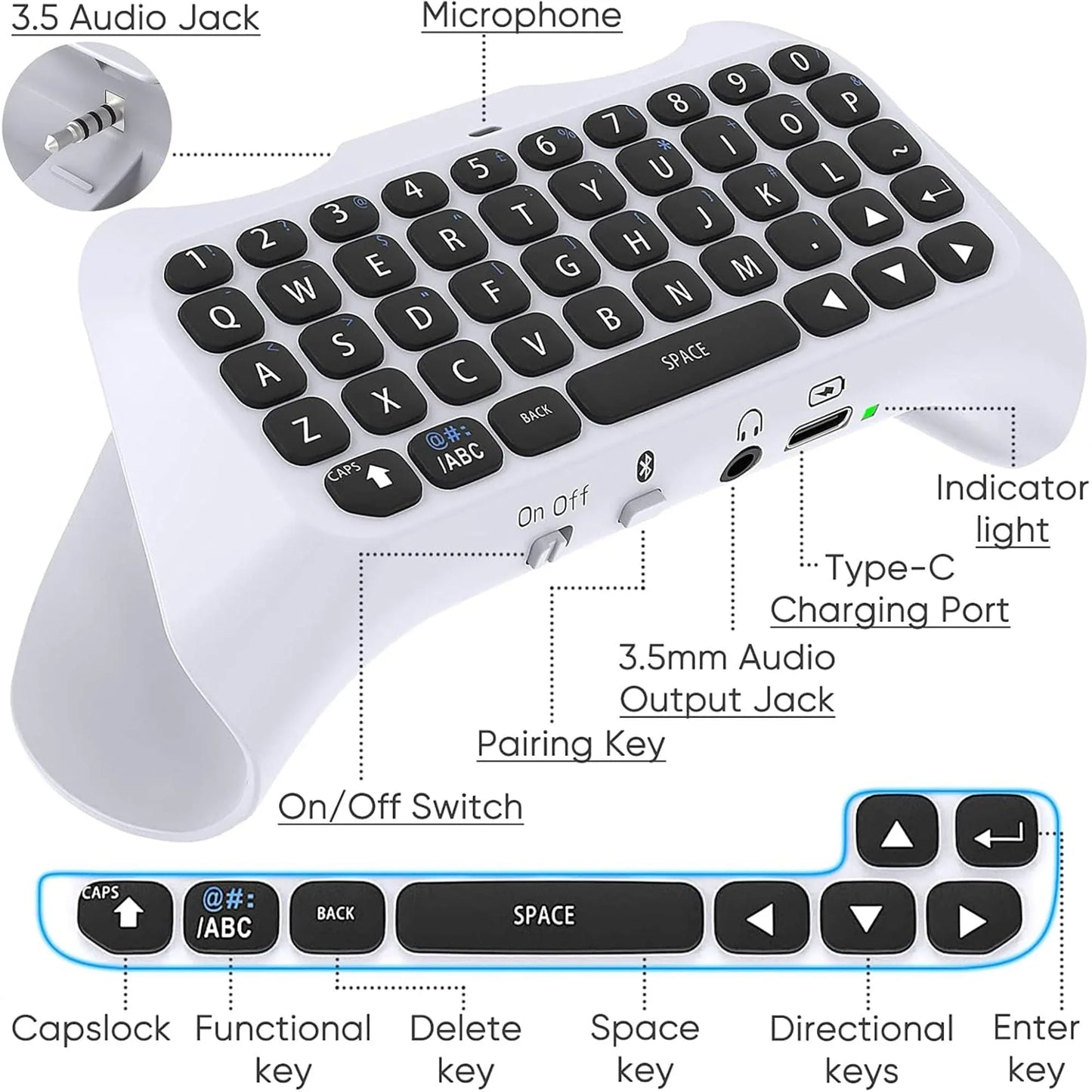 Tastatura Wireless Timebox pentru PS5/PS5 Pro, Gamepad Chatpad, Bluetooth 3,0, Portabil cu Difuzor Integrat si Jack Audio 3,5MM, Ergonomic, Perfect pentru Mesagerie si Gaming Live, Alb - 221.ro