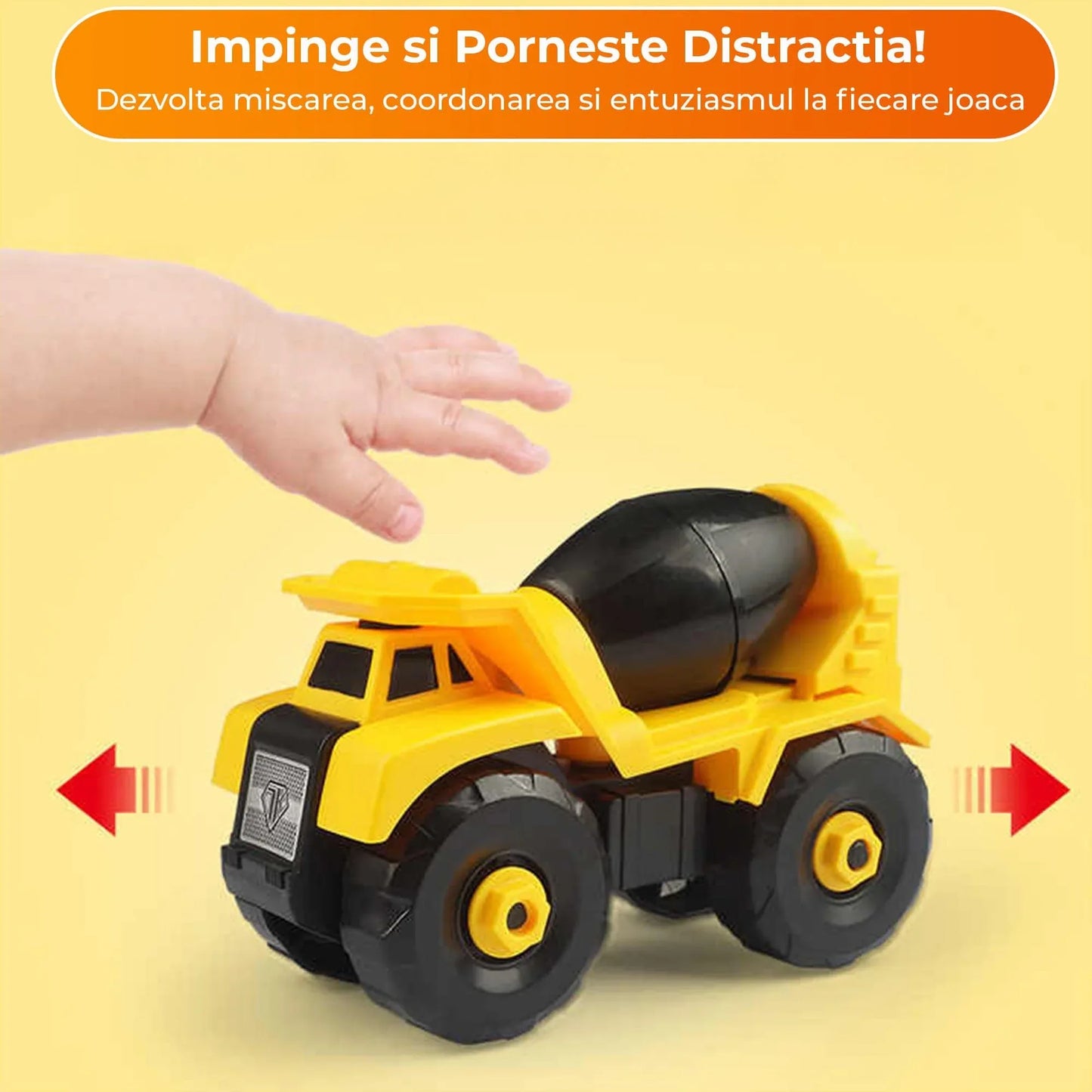 Set 6 in 1 Masini de Jucarie Timebox, Demontabile Buldozer, Betoniera, Galben