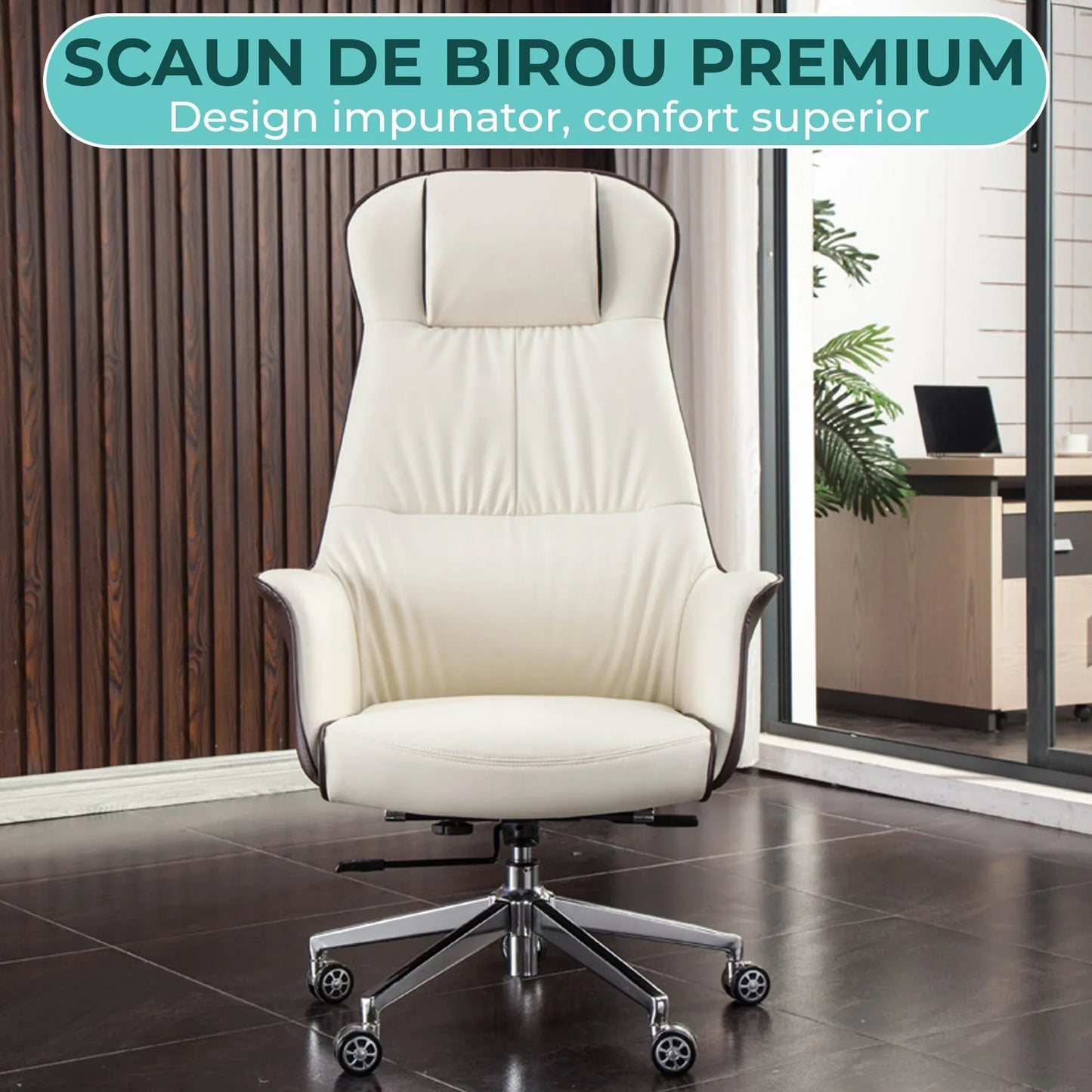 Scaun Directorial Din Piele Naturala pentru Birou Timebox, Reglabil pe Inaltime, Rotativ, Cadru din Lemn si Spuma cu Densitate Mare, Design Modern si Confort Sporit pentru Utilizare Indelungata, Alb/Maro - 221.ro