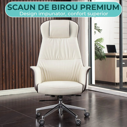 Scaun Directorial Din Piele Naturala pentru Birou Timebox, Reglabil pe Inaltime, Rotativ, Cadru din Lemn si Spuma cu Densitate Mare, Design Modern si Confort Sporit pentru Utilizare Indelungata, Alb/Maro - 221.ro