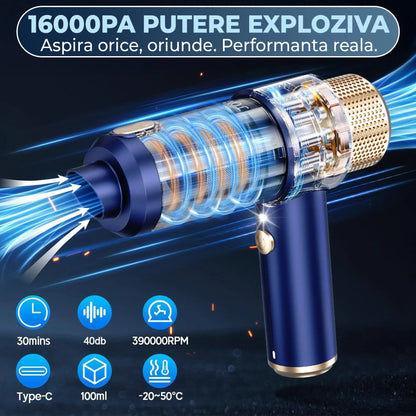 Aspirator Auto Portabil Timebox, 2 in 1, 16000PA, Fara Fir, Albastru