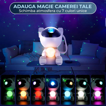Lampa tip Proiector Model Astronaut Timebox 2 in 1 cu 8 Culori de Nebuloasa, 7 Culori de Luna, Cap Rotativ 360°, Telecomanda si Timer Auto-Off, Ideal pentru Dormitoare, Camere de Jocuri si Petreceri