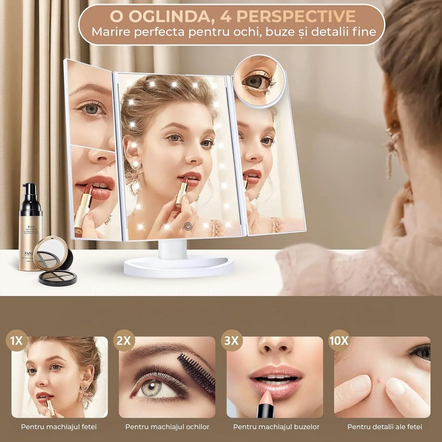 Oglinda Cosmetica cu Iluminare LED, 2X, 3X si 10X Marire, Alimentare USB sau Baterii