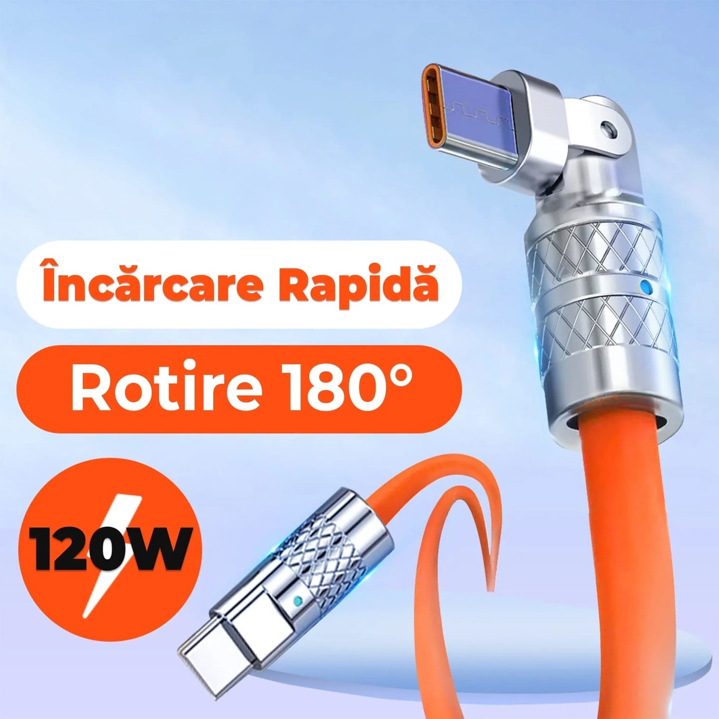 Cablu Date si Incarcare Rapida Timebox, 120W, 1,5m, Rotire 180 grade, Portocaliu