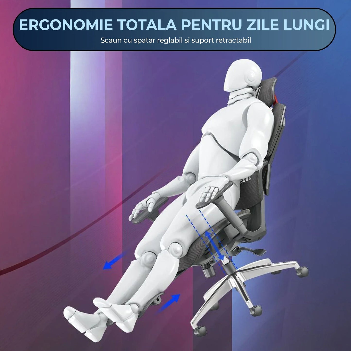 Scaun Gaming Ergonomic Reclinabil cu Plasa Respirabila, Suport Lombar, Sezut Reglabil pe Adancime, Brate 3D si Optional Suport pentru Picioare, Cilindru Clasa 4, Ideal pentru Gaming sau Birou, Negru - 221.ro