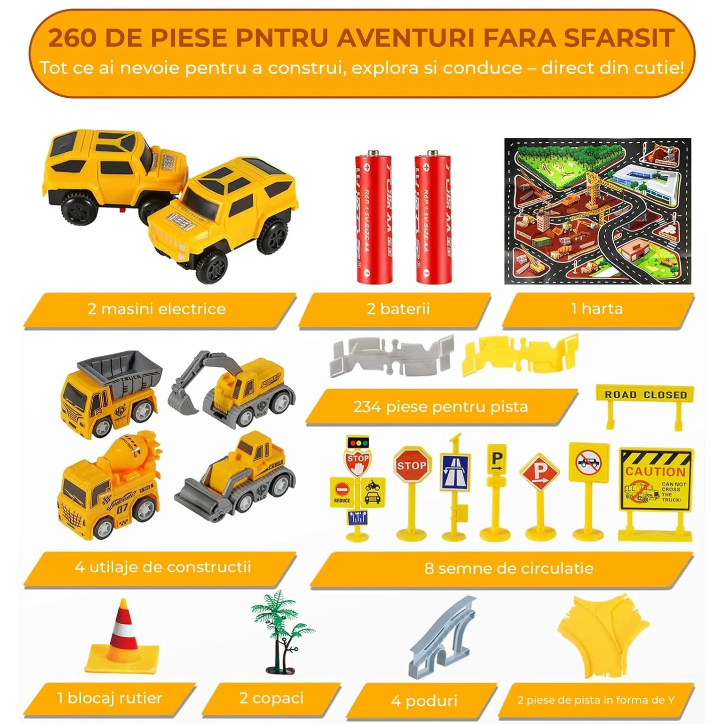 Set Pista de Curse si Constructii 260 Piese, 2 Masinute Electrice