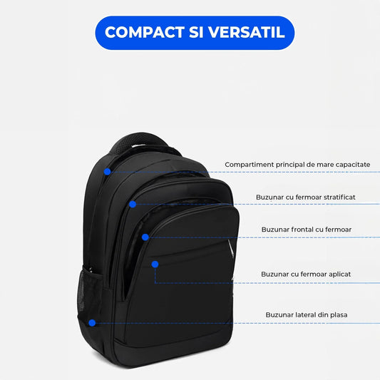 Ghiozdan Timebox, Waterproof, pana la 16 inch, 4 compartimente, port USB, Gri