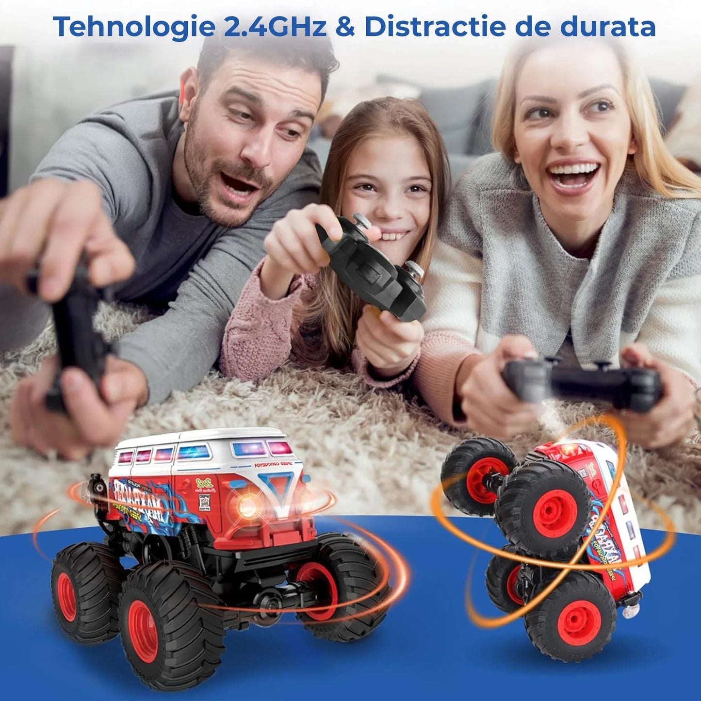 Masina cu Telecomanda Timebox Tip Autobuz Scolar, Scara 1:20, 4x4, Drift 360°, Flip 90°, Efect Spray, LED-uri, Muzica si o Baterie tip acumulator reincarcabila, Jucarie Cadou pentru Copii 3+ Ani, Rosu - 221.ro