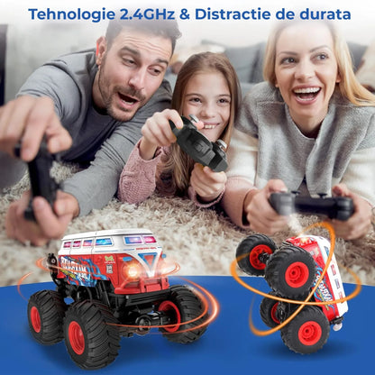 Masina cu Telecomanda Timebox Tip Autobuz Scolar, Scara 1:20, 4x4, Drift 360°, Flip 90°, Efect Spray, LED-uri, Muzica si o Baterie tip acumulator reincarcabila, Jucarie Cadou pentru Copii 3+ Ani, Rosu - 221.ro