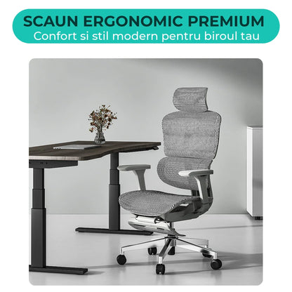 Scaun ergonomic Timebox, Reglare inaltime, spatar in 6 pozitii 150°, Cotiere 4D, Plasa Mesh, Profil lombar flexibil, Suport Picioare, Baza din aluminiu durabil, pana la 150 kg, Gri - 221.ro