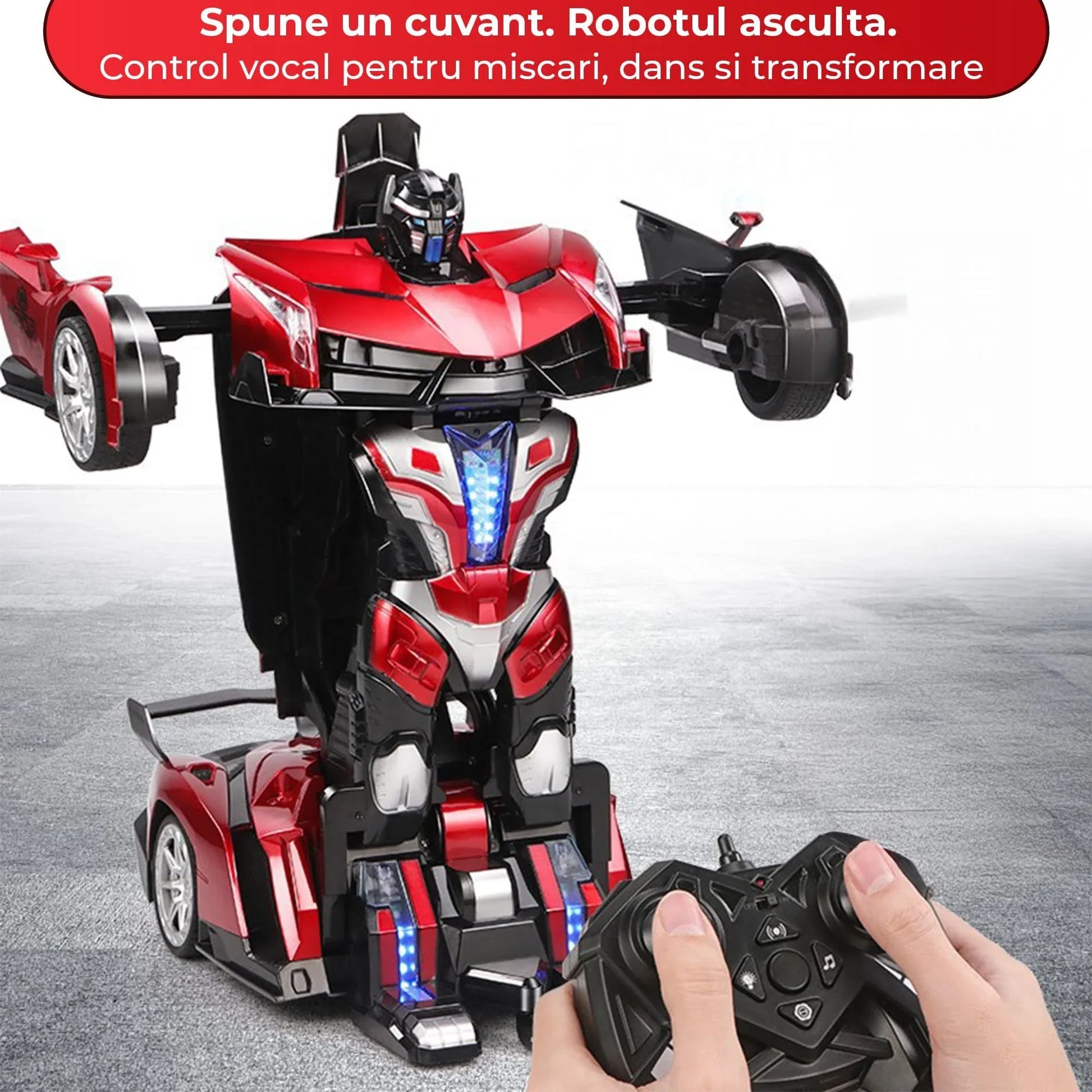 Masina cu Telecomanda Transformabila in Robot Timebox, Rotire 360°, Control Vocal si prin Gesturi, 2,4Ghz, Lumini si Sunete controlabile, 2 baterii tip acumulator reincarcabile, Jucarie Cadou pentru Copii 5+ Ani, Rosu - 221.ro