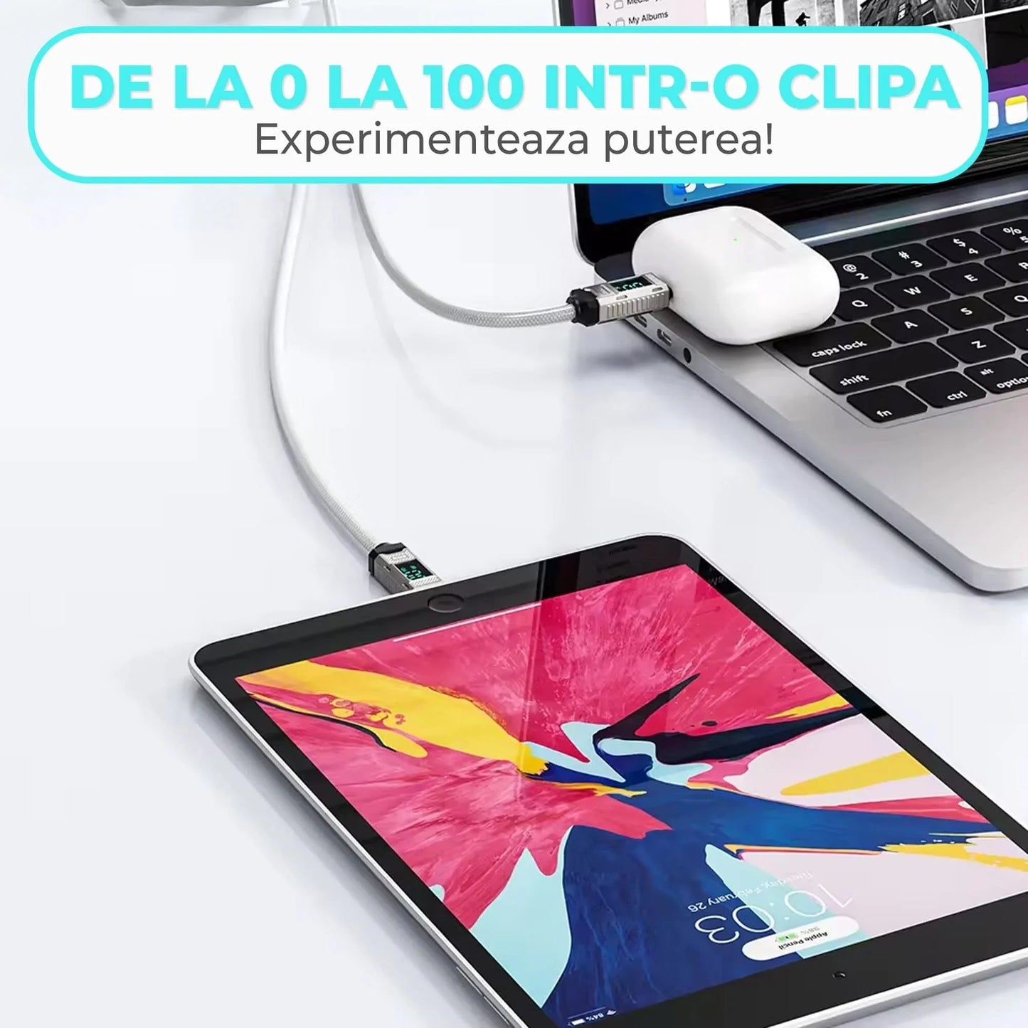 Cablu de Incarcare si Transfer de Date Timebox, USB-C la Lightning, 2m, Alb