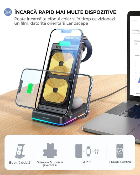 Incarcator Wireless, 18W, 3 In 1, Pliabil, Lumini RGB
