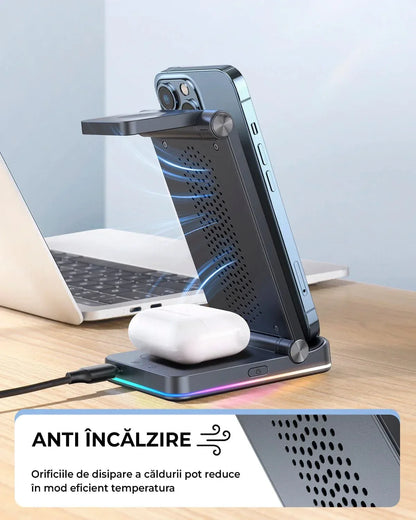 Incarcator Wireless, 18W, 3 In 1, Pliabil, Lumini RGB