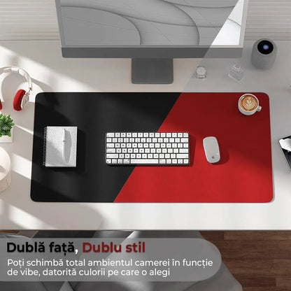 Mousepad gaming XXL cu doua fete din piele pu, impermeabil, pentru protectie birou, Negru/Rosu 90x45 - 221.ro