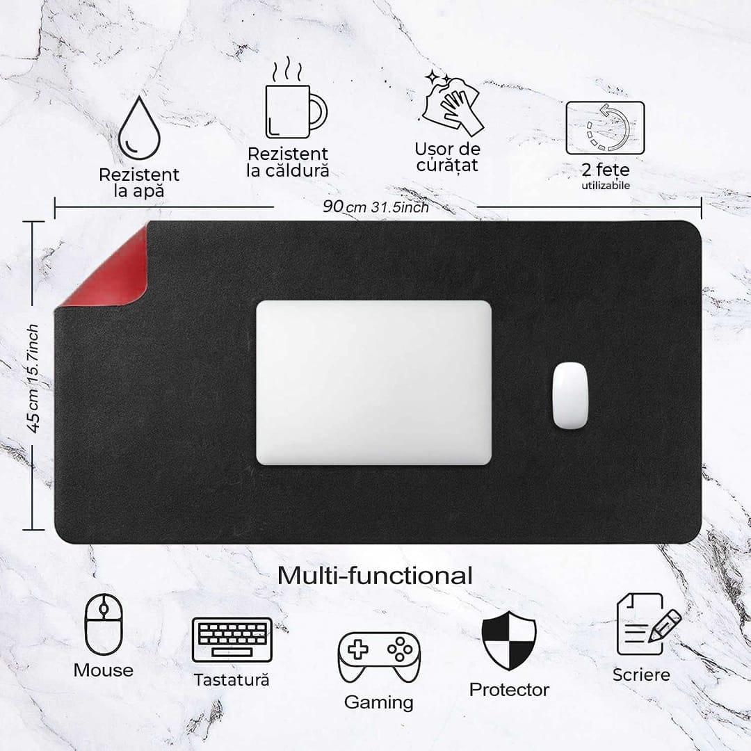 Mousepad gaming XXL cu doua fete din piele pu, impermeabil, pentru protectie birou, Negru/Rosu 90x45 - 221.ro