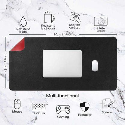 Mousepad gaming XXL cu doua fete din piele pu, impermeabil, pentru protectie birou, Negru/Rosu 90x45 - 221.ro
